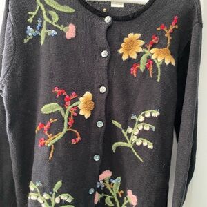 Susan Bristol Black Cardigan with Floral Embroidery